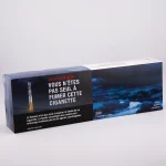 Cigarette box with a bold French warning on the left side and a blue ocean image on the right, text reads 'AVERTISSEMENT VOUS N'ÊTES PAS SEUL À FUMER CETTE CIGARETTE'.