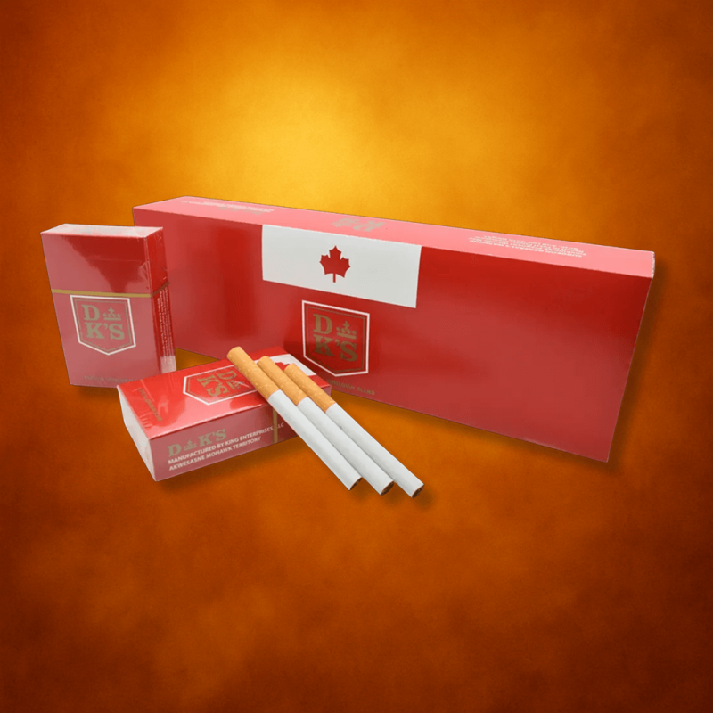DK's Full Flavor red cigarettes carton on light blue background