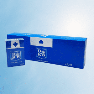 DK's Light cigarettes carton on light blue background