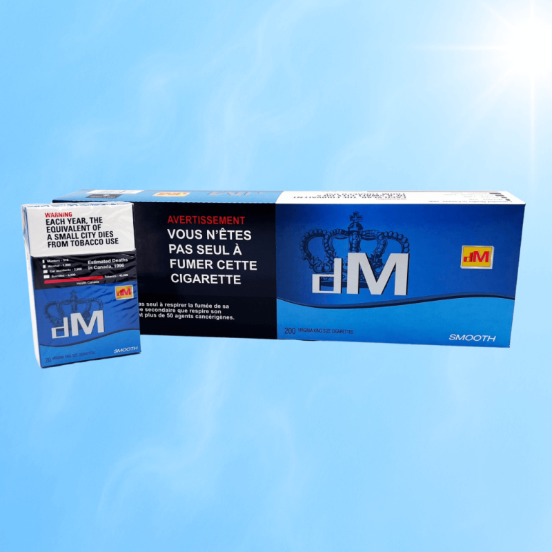 dM Lights cigarettes carton on light blue background