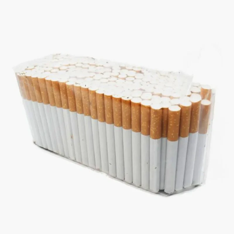 A large bundle of cigarettes arranged upright in a rectangular block, tightly wrapped in plastic