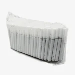 A sealed plastic-wrapped bundle of cigarettes arranged in a neat row